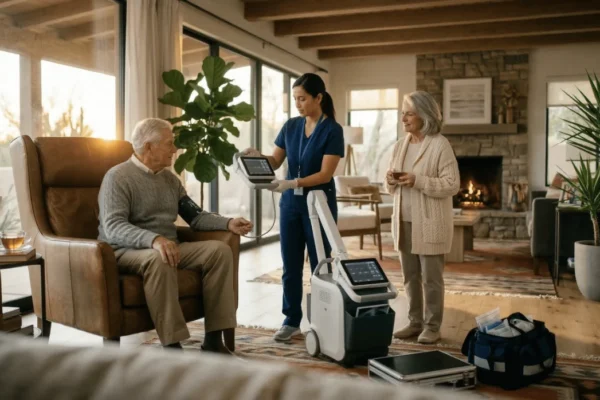 A nurse in blue scrubs showing diagnostic results on a digital tablet to an elderly man in a home living room. A portable, modern X-ray machine stands nearby, highlighting mobile healthcare services for seniors.A nurse in blue scrubs showing diagnostic results on a digital tablet to an elderly man in a home living room. A portable, modern X-ray machine stands nearby, highlighting mobile healthcare services for seniors.