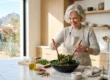 Candid photograph from the center of a well-lit modern kitchen. An older woman with short grey hair and a friendly smile, wearing a beige linen apron over a grey sweater, mixes a green salad in a large dark bowl with wooden spoons. Natural sunlight fills the space from a large window on the left, offering a clear view of desert mountains and palm trees in the background. A jar of olive oil and small bowls are on the marble counter.