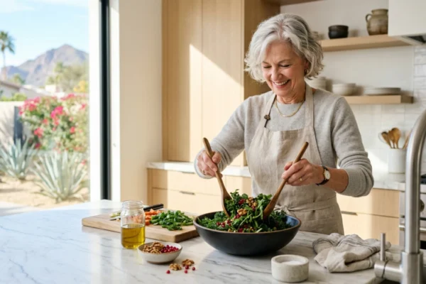 Candid photograph from the center of a well-lit modern kitchen. An older woman with short grey hair and a friendly smile, wearing a beige linen apron over a grey sweater, mixes a green salad in a large dark bowl with wooden spoons. Natural sunlight fills the space from a large window on the left, offering a clear view of desert mountains and palm trees in the background. A jar of olive oil and small bowls are on the marble counter.