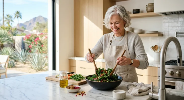 Candid photograph from the center of a well-lit modern kitchen. An older woman with short grey hair and a friendly smile, wearing a beige linen apron over a grey sweater, mixes a green salad in a large dark bowl with wooden spoons. Natural sunlight fills the space from a large window on the left, offering a clear view of desert mountains and palm trees in the background. A jar of olive oil and small bowls are on the marble counter.