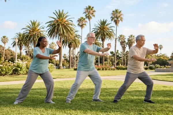 Wide horizontal shot of three diverse seniors in neutral-toned casual wear performing synchronized Tai Chi movements on a lush green lawn. The scene is bathed in bright, natural daylight with a soft-focus background of tall palm trees and a classic stone fountain under a clear blue sky in Scottsdale.
