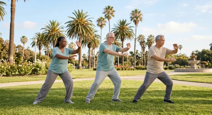 Wide horizontal shot of three diverse seniors in neutral-toned casual wear performing synchronized Tai Chi movements on a lush green lawn. The scene is bathed in bright, natural daylight with a soft-focus background of tall palm trees and a classic stone fountain under a clear blue sky in Scottsdale.