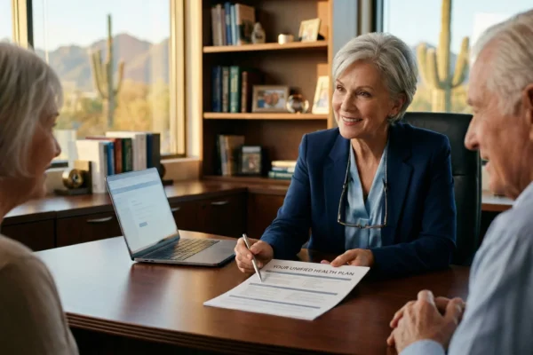 A cinematic, high-angle shot featuring an authoritative female geriatrician in a navy blazer sitting at a dark mahogany desk, engaging with an elderly couple. The composition follows a professional, clean aesthetic with a shallow depth of field, blurring a sun-drenched Scottsdale office background filled with bookshelves and desert views. Warm, golden-hour sunlight streams through a large window, creating soft highlights on the subjects' faces. The central focus is a crisp, white document on the desk with the bold, legible heading "YOUR UNIFIED HEALTH PLAN," which the doctor points to with a silver pen, symbolizing clarity and organized medical oversight.