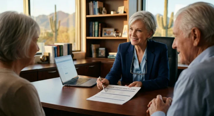 A cinematic, high-angle shot featuring an authoritative female geriatrician in a navy blazer sitting at a dark mahogany desk, engaging with an elderly couple. The composition follows a professional, clean aesthetic with a shallow depth of field, blurring a sun-drenched Scottsdale office background filled with bookshelves and desert views. Warm, golden-hour sunlight streams through a large window, creating soft highlights on the subjects' faces. The central focus is a crisp, white document on the desk with the bold, legible heading "YOUR UNIFIED HEALTH PLAN," which the doctor points to with a silver pen, symbolizing clarity and organized medical oversight.