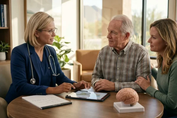 A well-composed, warmly lit photograph of three people seated around a circular wooden table. A Caucasian woman with blonde hair in a bob cut and wearing glasses, a blue blazer over scrubs, and a stethoscope, sits on the left, gesturing towards a tablet screen. An elderly man and a woman with an arm on his shoulder sit opposite her, looking attentive. Between them on the table are a notepad, a brain model, and the tablet showing generic medical graphs or text. The background is a soft-focus medical office with bookshelves and a window looking out at a desert landscape with cacti. Natural light illuminates the scene from a window on the right.