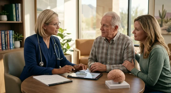 A well-composed, warmly lit photograph of three people seated around a circular wooden table. A Caucasian woman with blonde hair in a bob cut and wearing glasses, a blue blazer over scrubs, and a stethoscope, sits on the left, gesturing towards a tablet screen. An elderly man and a woman with an arm on his shoulder sit opposite her, looking attentive. Between them on the table are a notepad, a brain model, and the tablet showing generic medical graphs or text. The background is a soft-focus medical office with bookshelves and a window looking out at a desert landscape with cacti. Natural light illuminates the scene from a window on the right.