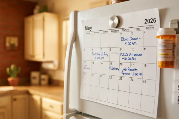 A close-up, slightly angled shot of a white refrigerator door in a warm-toned Arizona kitchen bathed in soft morning light. A white monthly paper calendar for May 2026 is pinned with a round silver magnet. Handwritten notes in blue ink mark specific dates: "Blood Draw – 9:00 AM," "Portable X-Ray – 11:00 AM," "POCUS Ultrasound – 10:00 AM," "Rx Delivery," and "Lab Results Review – 2:00 PM." To the right of the calendar, an amber prescription bottle and a white weekly pill organizer are clipped to the fridge. The blurred background reveals cream-colored cabinetry, warm terracotta walls, and a small potted cactus on the counter.