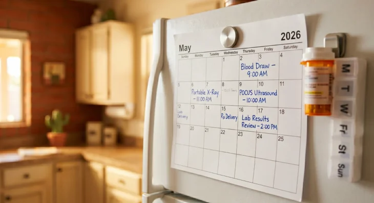 A close-up, slightly angled shot of a white refrigerator door in a warm-toned Arizona kitchen bathed in soft morning light. A white monthly paper calendar for May 2026 is pinned with a round silver magnet. Handwritten notes in blue ink mark specific dates: "Blood Draw – 9:00 AM," "Portable X-Ray – 11:00 AM," "POCUS Ultrasound – 10:00 AM," "Rx Delivery," and "Lab Results Review – 2:00 PM." To the right of the calendar, an amber prescription bottle and a white weekly pill organizer are clipped to the fridge. The blurred background reveals cream-colored cabinetry, warm terracotta walls, and a small potted cactus on the counter.