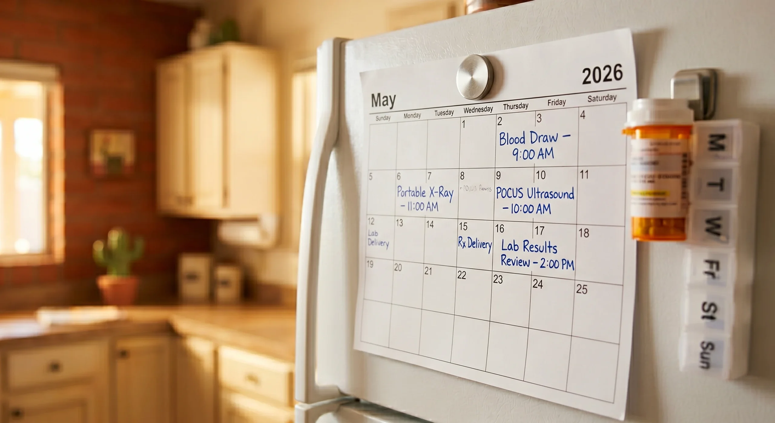 A close-up, slightly angled shot of a white refrigerator door in a warm-toned Arizona kitchen bathed in soft morning light. A white monthly paper calendar for May 2026 is pinned with a round silver magnet. Handwritten notes in blue ink mark specific dates: "Blood Draw – 9:00 AM," "Portable X-Ray – 11:00 AM," "POCUS Ultrasound – 10:00 AM," "Rx Delivery," and "Lab Results Review – 2:00 PM." To the right of the calendar, an amber prescription bottle and a white weekly pill organizer are clipped to the fridge. The blurred background reveals cream-colored cabinetry, warm terracotta walls, and a small potted cactus on the counter.