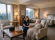 A wide-angle shot of a spacious, high-end hotel suite at sunset. Warm, ambient light from bedside lamps complements the soft blue dusk light coming through large windows with a city skyline view. A physician in dark blue scrubs sits on an ottoman, gently holding the hand of an elderly woman resting in a beige armchair. In the foreground, a dark medical bag and a white teacup sit on a polished wooden coffee table.