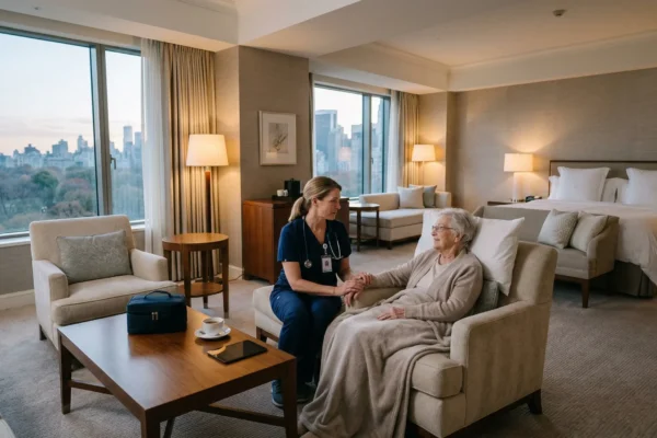 A wide-angle shot of a spacious, high-end hotel suite at sunset. Warm, ambient light from bedside lamps complements the soft blue dusk light coming through large windows with a city skyline view. A physician in dark blue scrubs sits on an ottoman, gently holding the hand of an elderly woman resting in a beige armchair. In the foreground, a dark medical bag and a white teacup sit on a polished wooden coffee table.