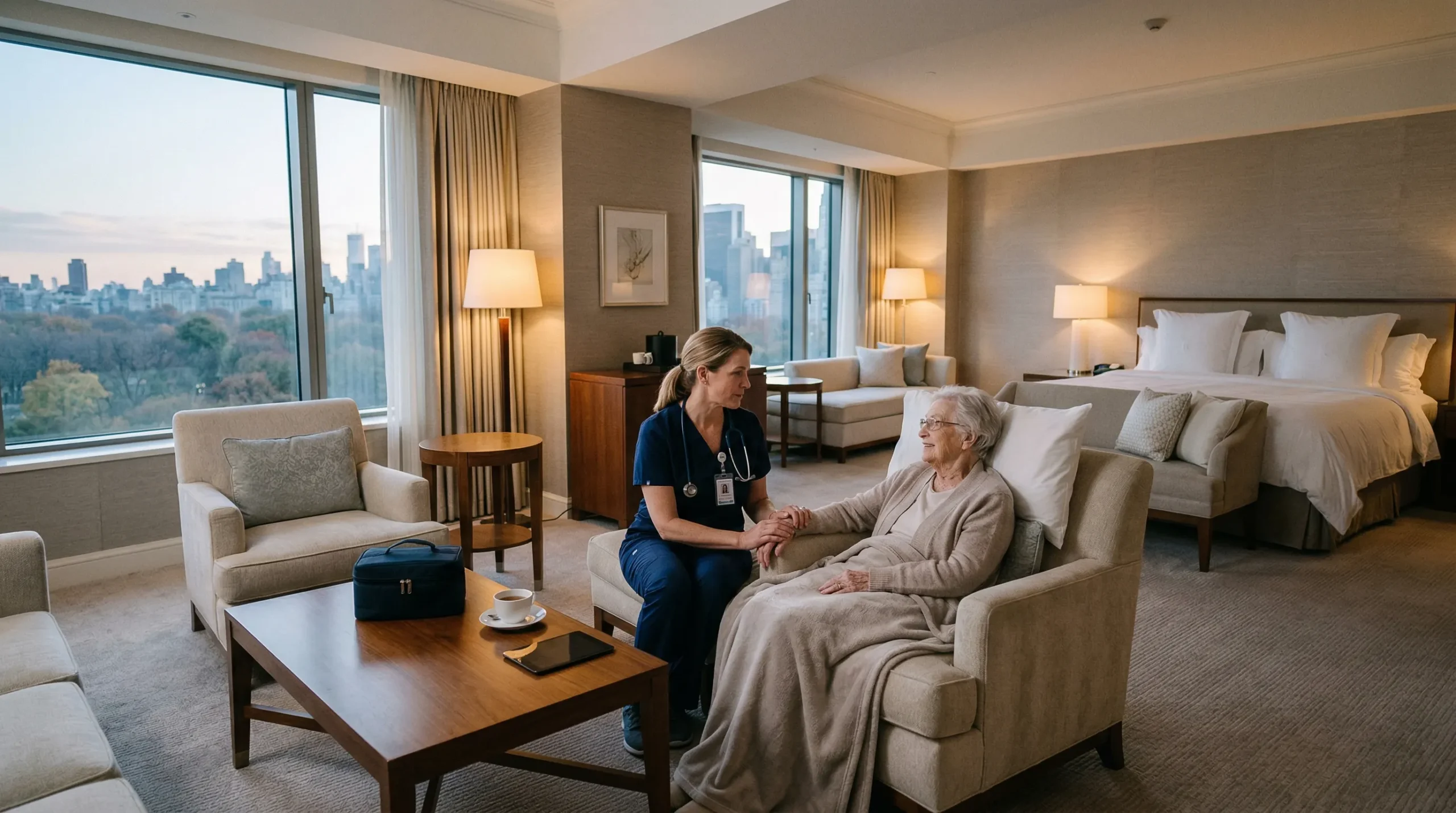 A wide-angle shot of a spacious, high-end hotel suite at sunset. Warm, ambient light from bedside lamps complements the soft blue dusk light coming through large windows with a city skyline view. A physician in dark blue scrubs sits on an ottoman, gently holding the hand of an elderly woman resting in a beige armchair. In the foreground, a dark medical bag and a white teacup sit on a polished wooden coffee table.