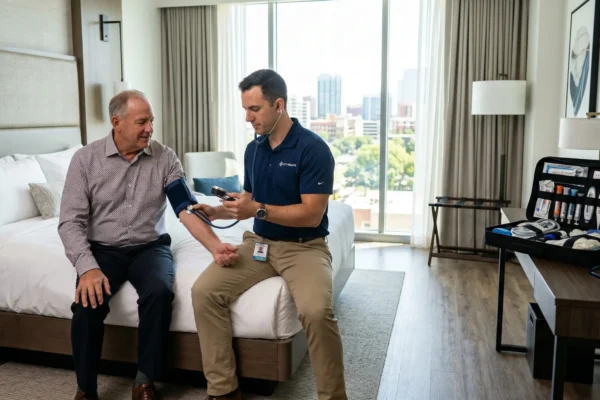 A medium shot in a modern, bright hotel room with neutral tones. Natural daylight streams from the window, highlighting a male doctor in a navy polo shirt sitting on the bed. He is focused on checking the blood pressure of a senior man. To the right, an open professional medical case on a desk displays neatly organized diagnostic tools and vials. The composition is clean, using a shallow depth of field to focus on the medical interaction.