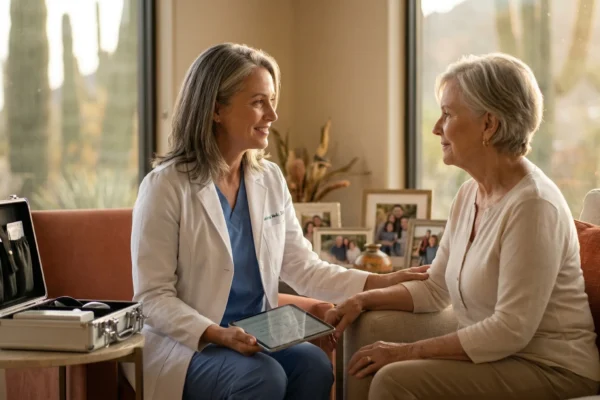 Cinematic mid-shot in soft, golden hour natural light. A female physician in a white coat looks warmly at a senior woman, resting a hand on her arm. The composition is balanced and intimate, with sun-drenched Arizona desert flora blurred in the background large window. The doctor holds a slim tablet displaying a clean, blue-toned medical user interface.