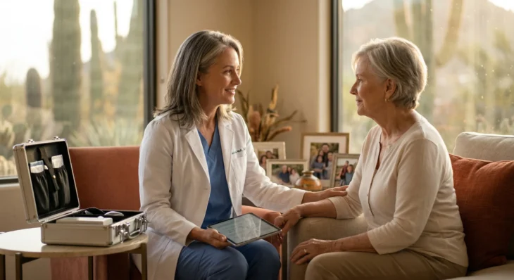 Cinematic mid-shot in soft, golden hour natural light. A female physician in a white coat looks warmly at a senior woman, resting a hand on her arm. The composition is balanced and intimate, with sun-drenched Arizona desert flora blurred in the background large window. The doctor holds a slim tablet displaying a clean, blue-toned medical user interface.