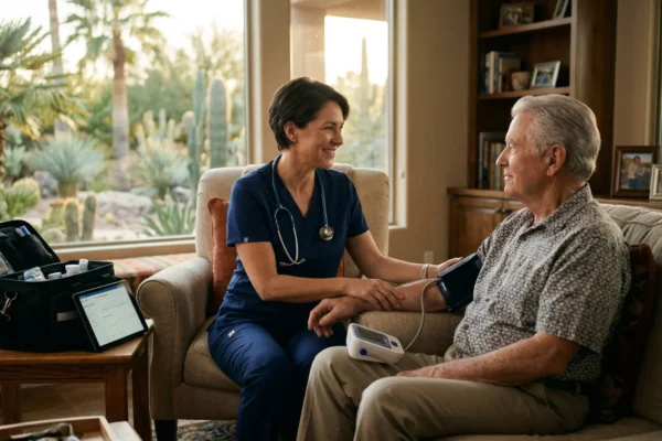 A cinematic eye-level photograph captured in the soft, amber glow of golden hour. The composition uses a shallow depth of field to focus on a female doctor in navy blue scrubs and an elderly man seated on a neutral-toned sofa. Warm sunlight streams through large windows in the background, illuminating lush palm trees. In the foreground, a medical bag and a tablet with health charts are visible.