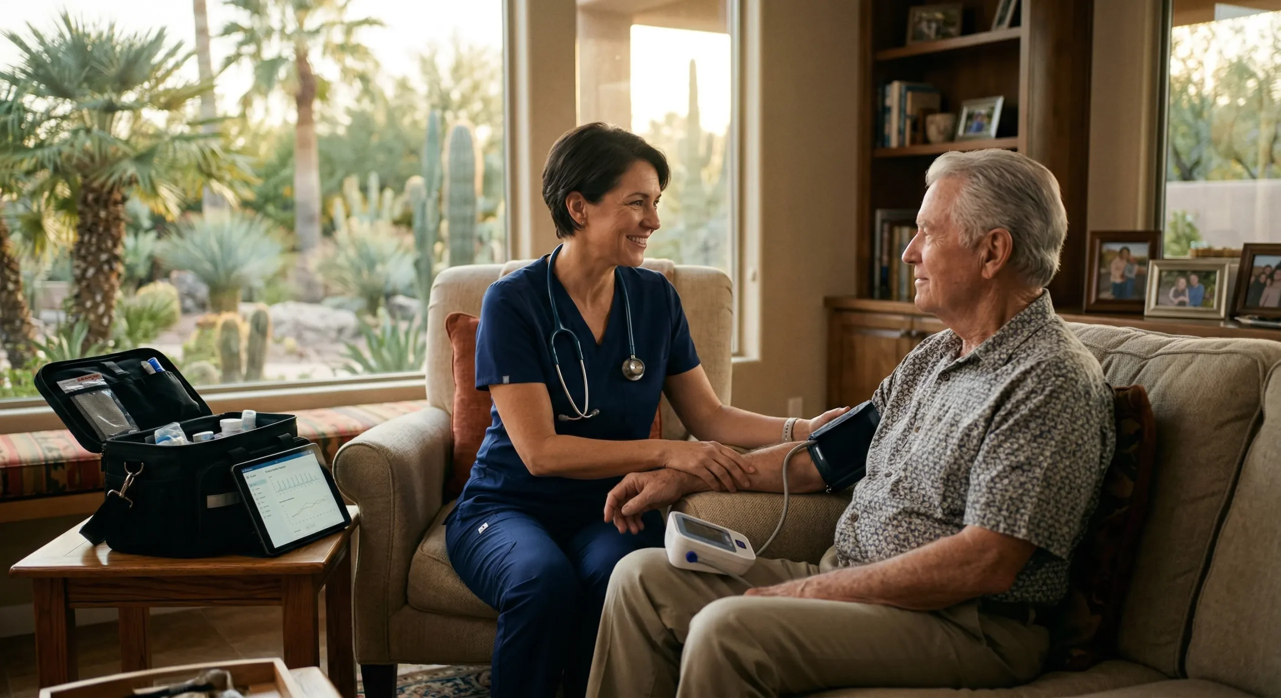 A cinematic eye-level photograph captured in the soft, amber glow of golden hour. The composition uses a shallow depth of field to focus on a female doctor in navy blue scrubs and an elderly man seated on a neutral-toned sofa. Warm sunlight streams through large windows in the background, illuminating lush palm trees. In the foreground, a medical bag and a tablet with health charts are visible.