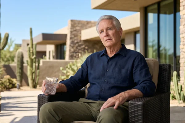 A cinematic photograph under harsh, natural daylight. Direct sunlight from the right highlights textures on an elderly man in a blue linen shirt and a patterned stone-and-glass building. He is seated centrally on a desert patio, holding a textured crystal glass. To the left, a background of Saguaro cacti and diverse desert flora against a vibrant blue sky is balanced by the modern architecture.