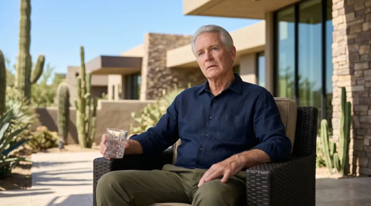 A cinematic photograph under harsh, natural daylight. Direct sunlight from the right highlights textures on an elderly man in a blue linen shirt and a patterned stone-and-glass building. He is seated centrally on a desert patio, holding a textured crystal glass. To the left, a background of Saguaro cacti and diverse desert flora against a vibrant blue sky is balanced by the modern architecture.