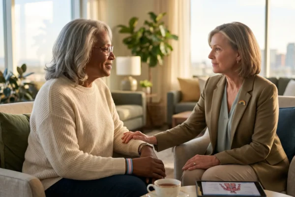 A medium shot bathed in warm, soft, natural daylight filtering through large background windows that overlook a blurred city skyline (suggesting Phoenix/Scottsdale) and lush houseplants. The composition focuses sharply on two older women seated opposite each other in comfortable beige armchairs within a warm living area. The lighting creates a soft glow and a noticeable shallow depth of field, rendering the background into a smooth bokeh of home furnishings. The patient, an older Black woman with grey hair and glasses wearing a cream sweater, is smiling gently. On her left wrist, a small, multi-colored wristband is visible, showing the blue, pink, and white stripes of the transgender flag. The physician, an older Caucasian woman with blonde/grey hair wearing an olive green blazer, has her hand gently resting on the patient's forearm. A tiny, subtle rainbow flag pin is pinned to her blazer lapel. Between them, on a round wooden table, sits a white teacup with a gold rim and a black tablet displaying a clear medical anatomical diagram of the human circulatory system (no legible text on the screen).