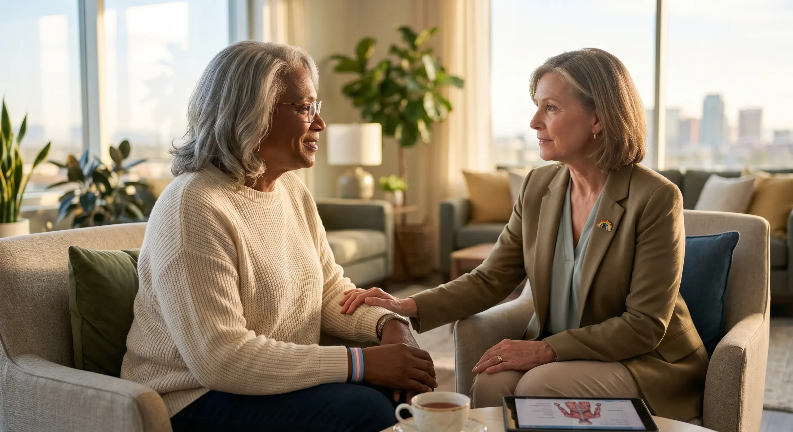 A medium shot bathed in warm, soft, natural daylight filtering through large background windows that overlook a blurred city skyline (suggesting Phoenix/Scottsdale) and lush houseplants. The composition focuses sharply on two older women seated opposite each other in comfortable beige armchairs within a warm living area. The lighting creates a soft glow and a noticeable shallow depth of field, rendering the background into a smooth bokeh of home furnishings. The patient, an older Black woman with grey hair and glasses wearing a cream sweater, is smiling gently. On her left wrist, a small, multi-colored wristband is visible, showing the blue, pink, and white stripes of the transgender flag. The physician, an older Caucasian woman with blonde/grey hair wearing an olive green blazer, has her hand gently resting on the patient's forearm. A tiny, subtle rainbow flag pin is pinned to her blazer lapel. Between them, on a round wooden table, sits a white teacup with a gold rim and a black tablet displaying a clear medical anatomical diagram of the human circulatory system (no legible text on the screen).