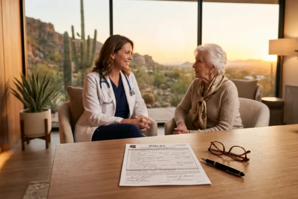A cinematic, high-angle close-up shot of a wooden desk featuring a sharp-focused medical document with the bold header "POLST" at the center. The composition uses a shallow depth of field, placing elegant tortoiseshell reading glasses and a black fountain pen in crisp detail beside the form. In the soft-focus background, a doctor in a white coat engages in a warm conversation with an elderly patient. The scene is bathed in the rich, golden light of an Arizona sunset, streaming through large floor-to-ceiling windows that reveal a blurred desert landscape with saguaro cacti.