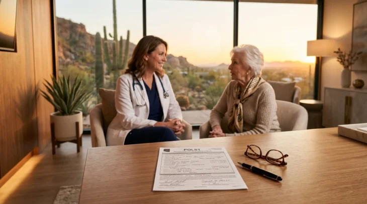 A cinematic, high-angle close-up shot of a wooden desk featuring a sharp-focused medical document with the bold header "POLST" at the center. The composition uses a shallow depth of field, placing elegant tortoiseshell reading glasses and a black fountain pen in crisp detail beside the form. In the soft-focus background, a doctor in a white coat engages in a warm conversation with an elderly patient. The scene is bathed in the rich, golden light of an Arizona sunset, streaming through large floor-to-ceiling windows that reveal a blurred desert landscape with saguaro cacti.