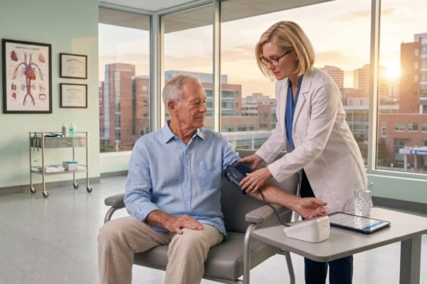 A horizontal photograph taken in a modern hospital patient room, bathed in a strong, warm golden-hour light flooding from large floor-to-ceiling windows on the right, which creates significant backlighting and soft flares as it shows a view of a hospital campus. To the left, a softer, cooler light illuminates the other half of the room. Centered in the frame, a seated elderly man in a light blue button-down shirt is having his blood pressure measured. He is seated on a grey chair, his left arm extended on a small rolling table. A standing female doctor in a white coat, short blonde hair, and glasses leans over from the right, placing a cuff on his arm, her figure silhouetted by the golden light. To the right, on the table, a digital blood pressure monitor unit, a tablet with a diagram, and a glass of water are sharply in focus, all catching the golden light. The left wall features a detailed medical chart with non-legible text showing a schematic of the human circulatory system. The windows look out onto multi-story hospital buildings and parking lots under a sunset sky. The photo has ultra-detailed textures of skin, clothing, and medical equipment with a shallow depth of field.