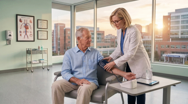 A horizontal photograph taken in a modern hospital patient room, bathed in a strong, warm golden-hour light flooding from large floor-to-ceiling windows on the right, which creates significant backlighting and soft flares as it shows a view of a hospital campus. To the left, a softer, cooler light illuminates the other half of the room. Centered in the frame, a seated elderly man in a light blue button-down shirt is having his blood pressure measured. He is seated on a grey chair, his left arm extended on a small rolling table. A standing female doctor in a white coat, short blonde hair, and glasses leans over from the right, placing a cuff on his arm, her figure silhouetted by the golden light. To the right, on the table, a digital blood pressure monitor unit, a tablet with a diagram, and a glass of water are sharply in focus, all catching the golden light. The left wall features a detailed medical chart with non-legible text showing a schematic of the human circulatory system. The windows look out onto multi-story hospital buildings and parking lots under a sunset sky. The photo has ultra-detailed textures of skin, clothing, and medical equipment with a shallow depth of field.