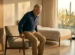 A wide, sun-drenched photograph captures an elderly man in motion as he pushes up with a slightly strained expression from a gray mid-century modern armchair. Warm, golden natural light streams through large glass doors, casting distinct shadows and highlighting textures in the spacious bedroom. He is framed against a background of a wooden bed and a clear desert view with cacti. He wears a blue sweater and tan trousers. The perspective is natural and composed.