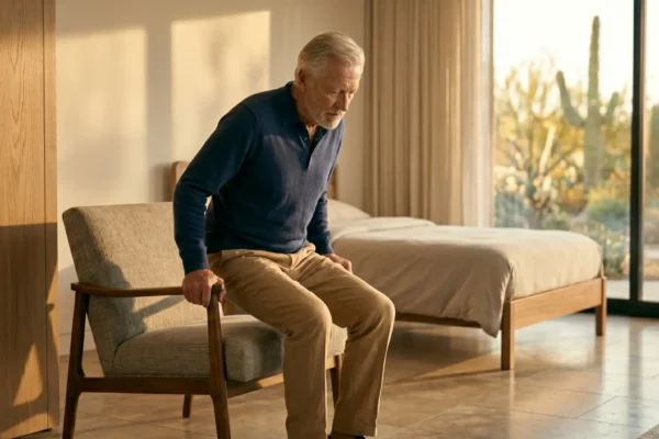 A wide, sun-drenched photograph captures an elderly man in motion as he pushes up with a slightly strained expression from a gray mid-century modern armchair. Warm, golden natural light streams through large glass doors, casting distinct shadows and highlighting textures in the spacious bedroom. He is framed against a background of a wooden bed and a clear desert view with cacti. He wears a blue sweater and tan trousers. The perspective is natural and composed.