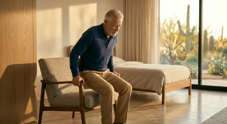 A wide, sun-drenched photograph captures an elderly man in motion as he pushes up with a slightly strained expression from a gray mid-century modern armchair. Warm, golden natural light streams through large glass doors, casting distinct shadows and highlighting textures in the spacious bedroom. He is framed against a background of a wooden bed and a clear desert view with cacti. He wears a blue sweater and tan trousers. The perspective is natural and composed.