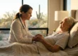 A warm, cinematic wide-angle composition bathed in golden hour sunlight streaming from large modern windows. Soft rim lighting naturally outlines the profiles of a female doctor in a white coat and a frail elderly woman resting in a bed, drawing visual focus to their gently clasped hands in the center foreground. The background features a softly blurred, earthy-toned Arizona desert landscape with a prominent saguaro cactus, establishing a serene, empathetic, and dignified atmosphere. No text is present in the frame.