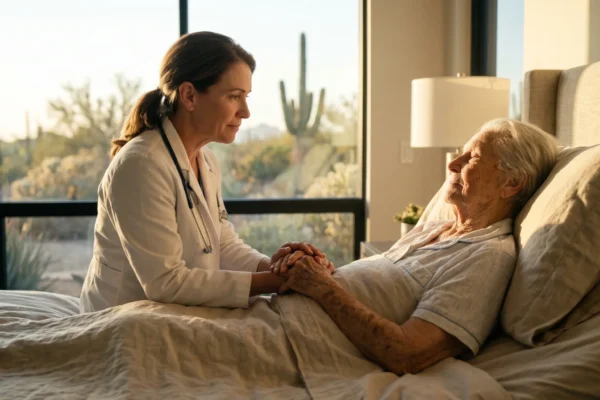A warm, cinematic wide-angle composition bathed in golden hour sunlight streaming from large modern windows. Soft rim lighting naturally outlines the profiles of a female doctor in a white coat and a frail elderly woman resting in a bed, drawing visual focus to their gently clasped hands in the center foreground. The background features a softly blurred, earthy-toned Arizona desert landscape with a prominent saguaro cactus, establishing a serene, empathetic, and dignified atmosphere. No text is present in the frame.