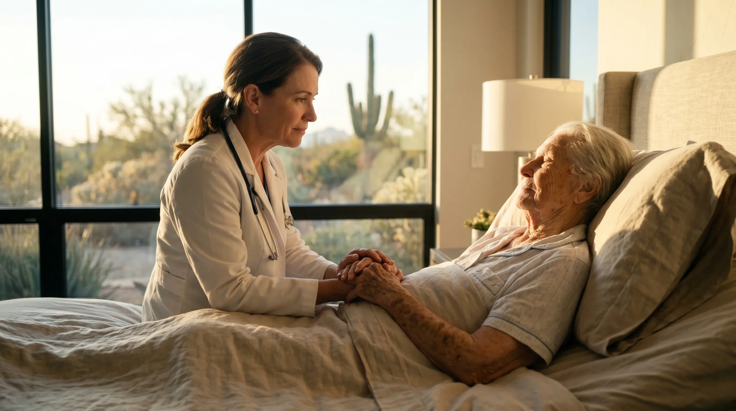 A warm, cinematic wide-angle composition bathed in golden hour sunlight streaming from large modern windows. Soft rim lighting naturally outlines the profiles of a female doctor in a white coat and a frail elderly woman resting in a bed, drawing visual focus to their gently clasped hands in the center foreground. The background features a softly blurred, earthy-toned Arizona desert landscape with a prominent saguaro cactus, establishing a serene, empathetic, and dignified atmosphere. No text is present in the frame.