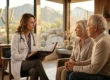 Warm, volumetric golden hour sunlight illuminates a female physician in a white lab coat and glasses holding a leather clinical clipboard. The composition features a shallow depth of field, keeping the doctor and a senior couple in sharp focus in the foreground, while softly blurring a mid-century modern living room and a desert landscape with saguaro cacti in the background. Cinematic rim lighting and high-contrast photorealistic textures create a premium medical editorial aesthetic.