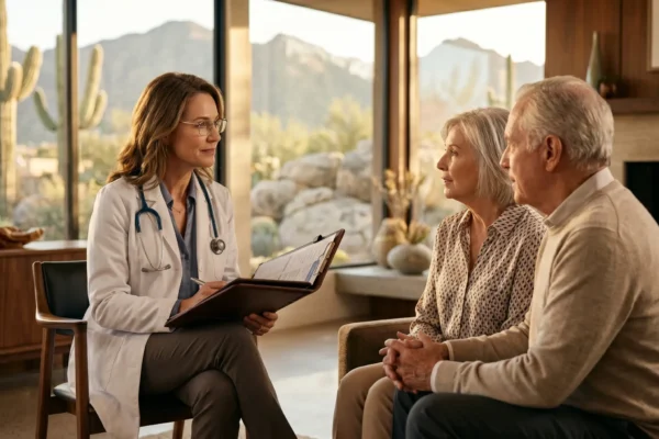 Warm, volumetric golden hour sunlight illuminates a female physician in a white lab coat and glasses holding a leather clinical clipboard. The composition features a shallow depth of field, keeping the doctor and a senior couple in sharp focus in the foreground, while softly blurring a mid-century modern living room and a desert landscape with saguaro cacti in the background. Cinematic rim lighting and high-contrast photorealistic textures create a premium medical editorial aesthetic.