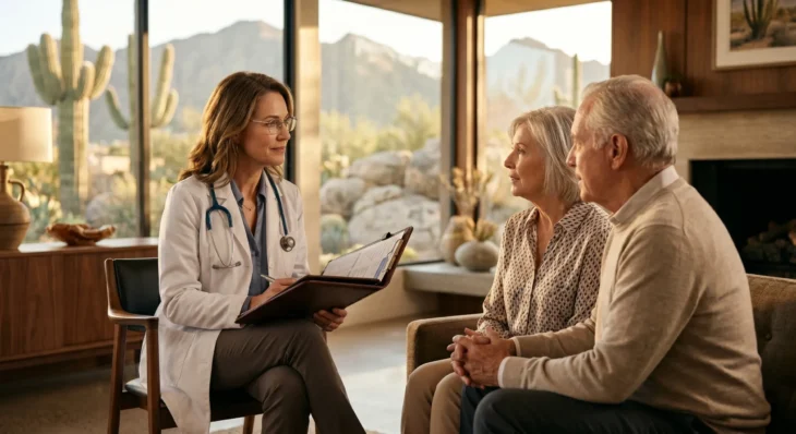 Warm, volumetric golden hour sunlight illuminates a female physician in a white lab coat and glasses holding a leather clinical clipboard. The composition features a shallow depth of field, keeping the doctor and a senior couple in sharp focus in the foreground, while softly blurring a mid-century modern living room and a desert landscape with saguaro cacti in the background. Cinematic rim lighting and high-contrast photorealistic textures create a premium medical editorial aesthetic.