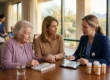 A warm, natural light photograph with shallow depth of field captures an empathetic clinical consultation in a high-end memory care facility common area. Soft, golden afternoon sunlight streams through large floor-to-ceiling windows on the right, illuminating the faces and hands of the three women at a polished wooden table. Focus is critically sharp on the daughter's concerned face and the doctor's hand pointing at a simplified medication chart on a modern tablet, which has colored sections and generic labels. Several orange prescription pill bottles with illegible generic text labels and a segmented weekly blister pack are neatly arranged on the table next to a glass of water, with an elderly patient in a purple cardigan touching the blister pack and her daughter in a tan blouse watching the doctor in a navy blazer explain. In the soft-focus background, a nurse attends to other residents, while distinct desert landscaping and mountain silhouettes are visible through the windows. Grainy, candid, and empathetic photographic style suitable for a medical publication.