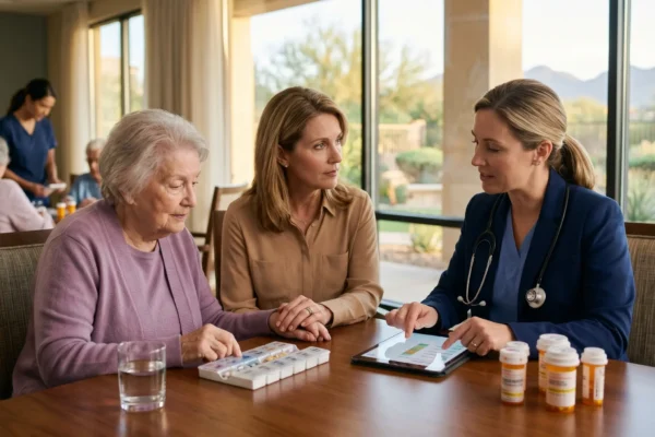 A warm, natural light photograph with shallow depth of field captures an empathetic clinical consultation in a high-end memory care facility common area. Soft, golden afternoon sunlight streams through large floor-to-ceiling windows on the right, illuminating the faces and hands of the three women at a polished wooden table. Focus is critically sharp on the daughter's concerned face and the doctor's hand pointing at a simplified medication chart on a modern tablet, which has colored sections and generic labels. Several orange prescription pill bottles with illegible generic text labels and a segmented weekly blister pack are neatly arranged on the table next to a glass of water, with an elderly patient in a purple cardigan touching the blister pack and her daughter in a tan blouse watching the doctor in a navy blazer explain. In the soft-focus background, a nurse attends to other residents, while distinct desert landscaping and mountain silhouettes are visible through the windows. Grainy, candid, and empathetic photographic style suitable for a medical publication.