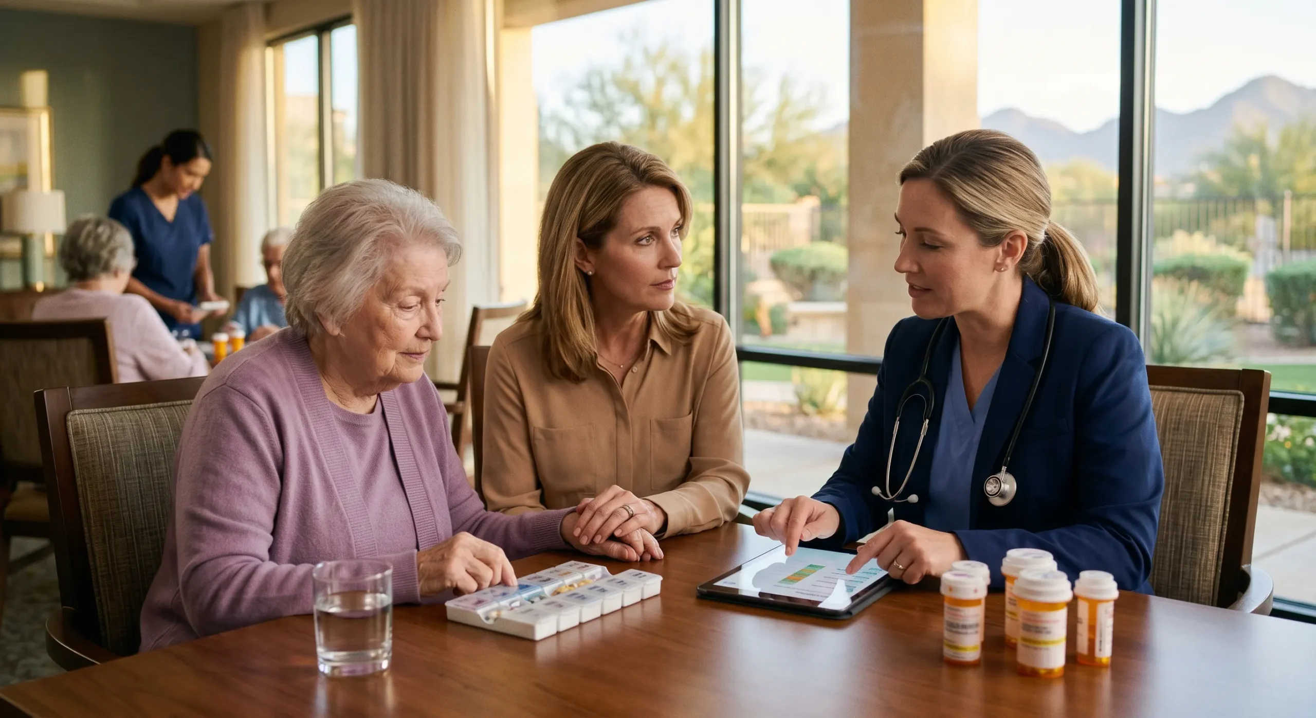 A warm, natural light photograph with shallow depth of field captures an empathetic clinical consultation in a high-end memory care facility common area. Soft, golden afternoon sunlight streams through large floor-to-ceiling windows on the right, illuminating the faces and hands of the three women at a polished wooden table. Focus is critically sharp on the daughter's concerned face and the doctor's hand pointing at a simplified medication chart on a modern tablet, which has colored sections and generic labels. Several orange prescription pill bottles with illegible generic text labels and a segmented weekly blister pack are neatly arranged on the table next to a glass of water, with an elderly patient in a purple cardigan touching the blister pack and her daughter in a tan blouse watching the doctor in a navy blazer explain. In the soft-focus background, a nurse attends to other residents, while distinct desert landscaping and mountain silhouettes are visible through the windows. Grainy, candid, and empathetic photographic style suitable for a medical publication.