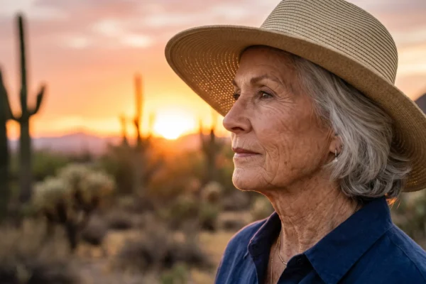 The image is a medium close-up lifestyle photograph of a senior woman in an Arizona desert landscape during the golden hour sunset. She is shown in a right-side profile, looking towards the left, wearing a navy blue button-up shirt and a wide-brimmed woven straw hat which serves as sun protection. The lighting is warm and backlighting, coming from the low sun in the background, casting a soft glow on her silver hair and weathered skin, highlighting the texture of the straw weave. The background features blurred (bokeh) Saguaro cacti and mountains under a warm gradient sky. No text or branding is visible.