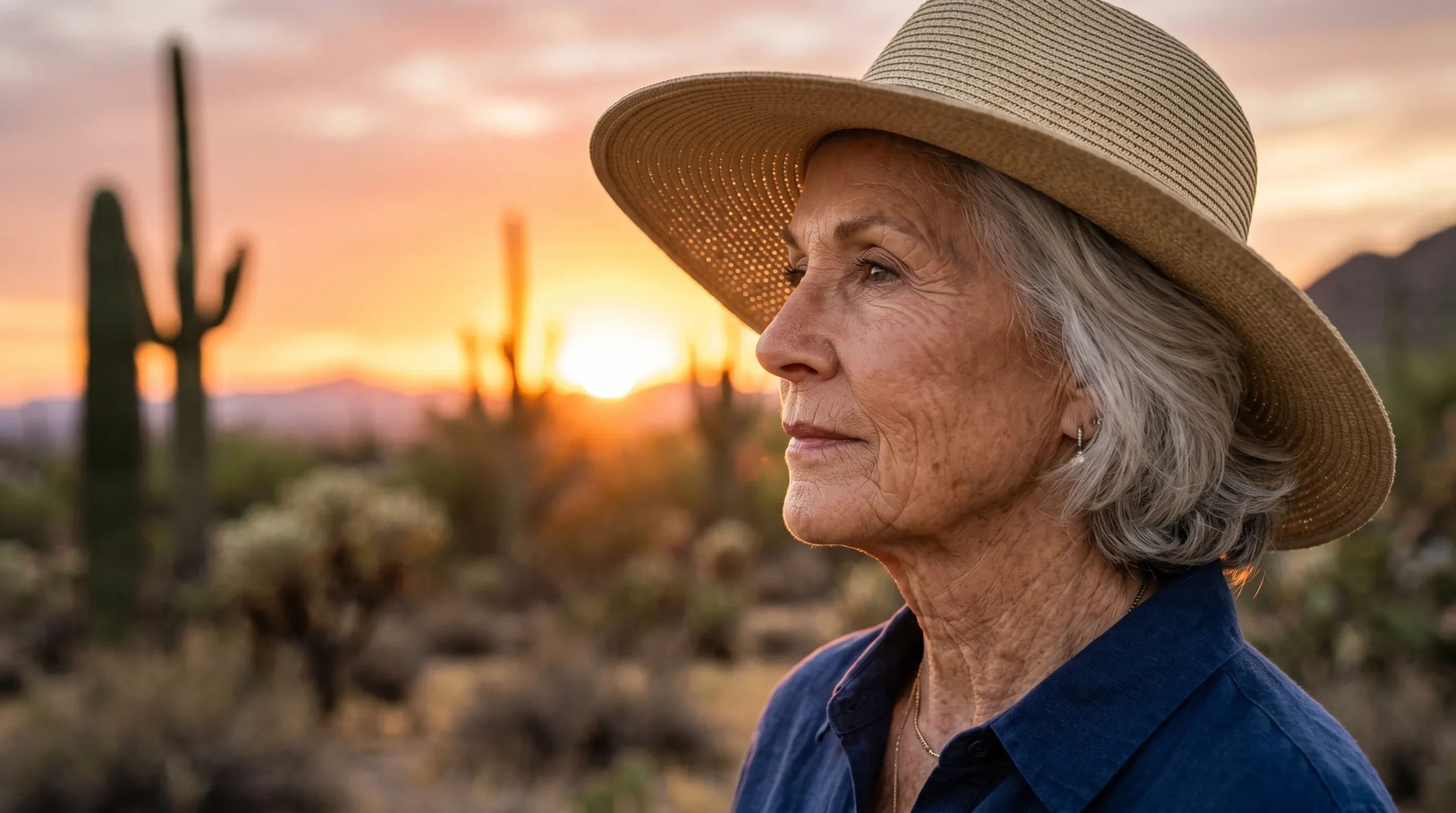 The image is a medium close-up lifestyle photograph of a senior woman in an Arizona desert landscape during the golden hour sunset. She is shown in a right-side profile, looking towards the left, wearing a navy blue button-up shirt and a wide-brimmed woven straw hat which serves as sun protection. The lighting is warm and backlighting, coming from the low sun in the background, casting a soft glow on her silver hair and weathered skin, highlighting the texture of the straw weave. The background features blurred (bokeh) Saguaro cacti and mountains under a warm gradient sky. No text or branding is visible.