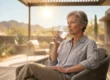 Cinematic, shallow depth of field composition featuring a senior woman in profile, positioned in the soft, cool shade of a patio. An intense, bright sun flares in the deeply blurred background, illuminating a dry desert landscape with saguaro cacti to convey extreme summer heat. Sharp focus is maintained on the woman’s serene expression and the clear glass of water she is drinking from, with warm rim lighting highlighting the water droplets and the breathable texture of her grey linen shirt