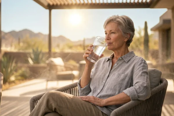 Cinematic, shallow depth of field composition featuring a senior woman in profile, positioned in the soft, cool shade of a patio. An intense, bright sun flares in the deeply blurred background, illuminating a dry desert landscape with saguaro cacti to convey extreme summer heat. Sharp focus is maintained on the woman’s serene expression and the clear glass of water she is drinking from, with warm rim lighting highlighting the water droplets and the breathable texture of her grey linen shirt