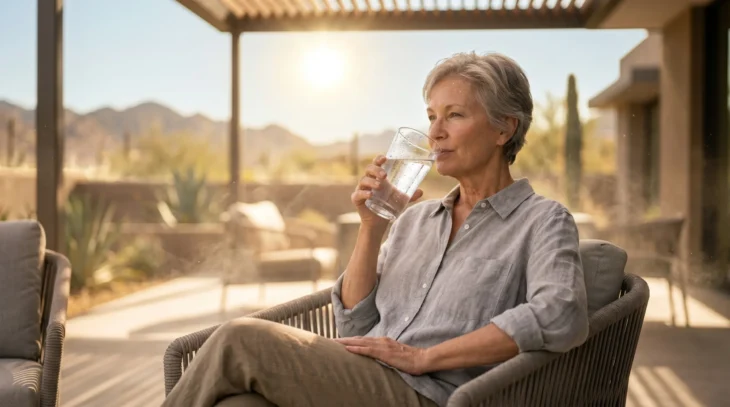Cinematic, shallow depth of field composition featuring a senior woman in profile, positioned in the soft, cool shade of a patio. An intense, bright sun flares in the deeply blurred background, illuminating a dry desert landscape with saguaro cacti to convey extreme summer heat. Sharp focus is maintained on the woman’s serene expression and the clear glass of water she is drinking from, with warm rim lighting highlighting the water droplets and the breathable texture of her grey linen shirt
