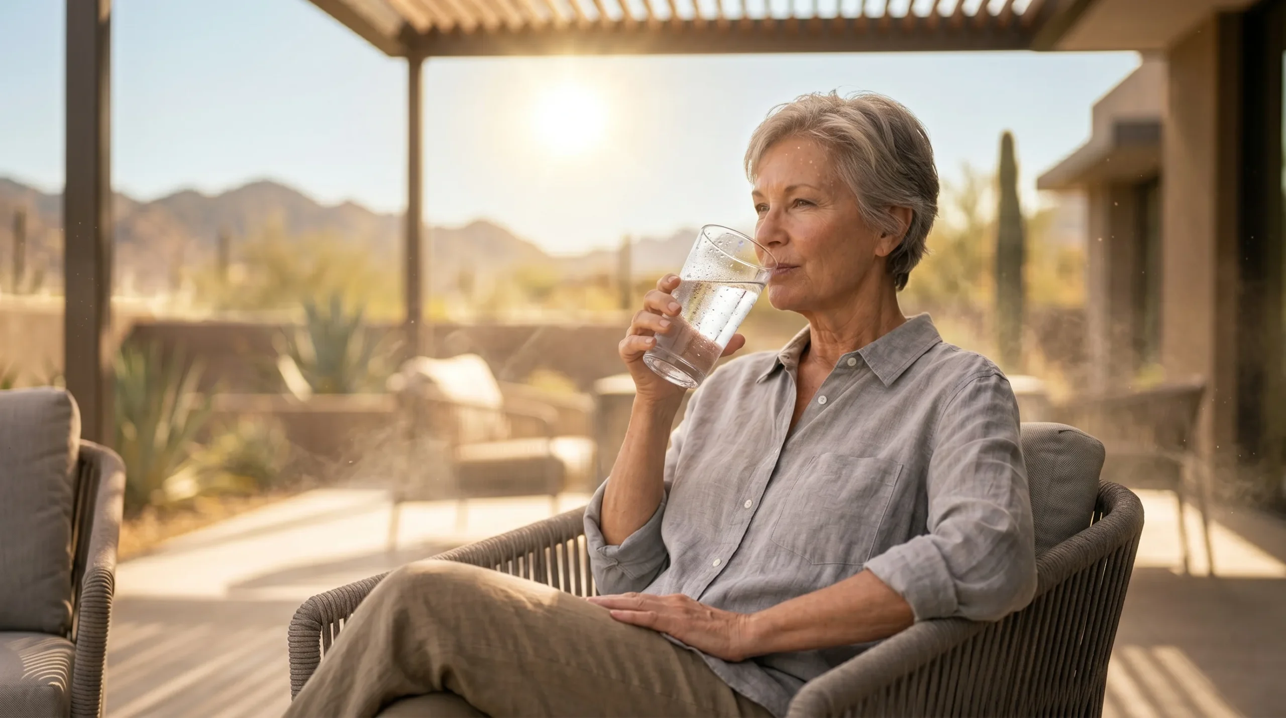 Cinematic, shallow depth of field composition featuring a senior woman in profile, positioned in the soft, cool shade of a patio. An intense, bright sun flares in the deeply blurred background, illuminating a dry desert landscape with saguaro cacti to convey extreme summer heat. Sharp focus is maintained on the woman’s serene expression and the clear glass of water she is drinking from, with warm rim lighting highlighting the water droplets and the breathable texture of her grey linen shirt