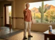 A wide interior composition bathed in warm, golden hour sunlight streaming through a large panoramic window. In the center, a smiling senior woman stands on a textured safety floor mat holding a small orange dumbbell. The framing places a wooden coffee table in the lower-right foreground, highlighting a white supplement bottle with legible blue text reading "Calcium/Vitamin". The softly blurred background reveals a bright Arizona desert landscape with tall saguaro cacti and warm red rock mountains, while sturdy wooden safety handrails line the interior walls to the left.