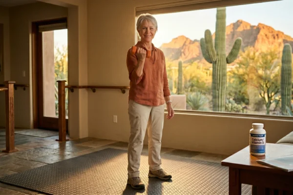 A wide interior composition bathed in warm, golden hour sunlight streaming through a large panoramic window. In the center, a smiling senior woman stands on a textured safety floor mat holding a small orange dumbbell. The framing places a wooden coffee table in the lower-right foreground, highlighting a white supplement bottle with legible blue text reading "Calcium/Vitamin". The softly blurred background reveals a bright Arizona desert landscape with tall saguaro cacti and warm red rock mountains, while sturdy wooden safety handrails line the interior walls to the left.