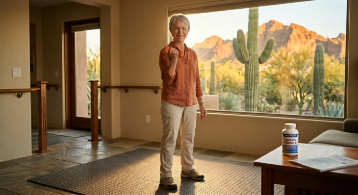 A wide interior composition bathed in warm, golden hour sunlight streaming through a large panoramic window. In the center, a smiling senior woman stands on a textured safety floor mat holding a small orange dumbbell. The framing places a wooden coffee table in the lower-right foreground, highlighting a white supplement bottle with legible blue text reading "Calcium/Vitamin". The softly blurred background reveals a bright Arizona desert landscape with tall saguaro cacti and warm red rock mountains, while sturdy wooden safety handrails line the interior walls to the left.